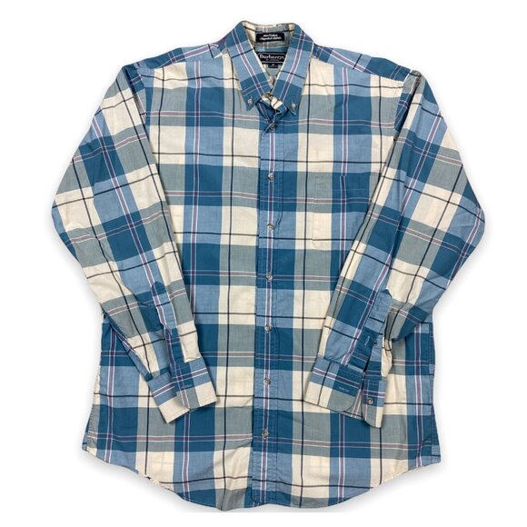 Vintage Burberrys London Blue Check plaid Cotton Distressed Collar Made In USA M - Picture 1 of 7